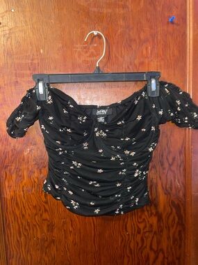Black Floral Off-Shoulder Ruched Crop Top by Jolt